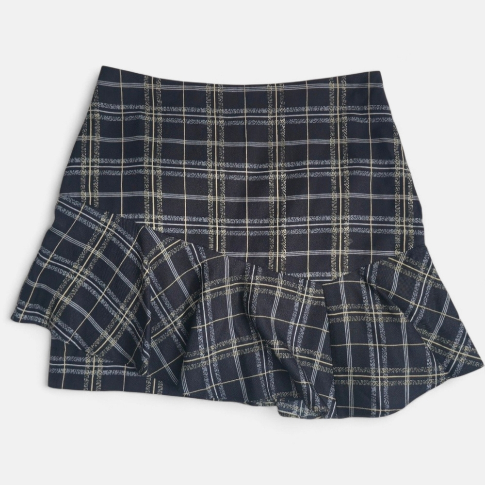Theory Black Plaid Dark Academia Asymmetrical Mini Skirt